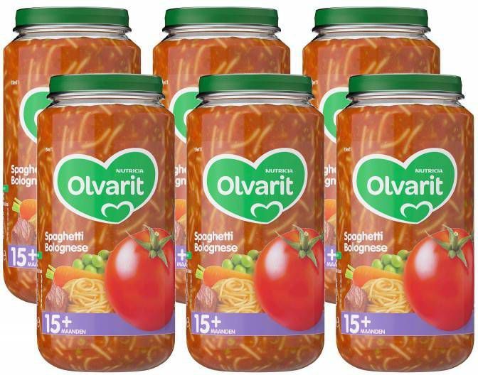 Olvarit Spaghetti Bolognese babyhapje voor baby's vanaf 15+ maanden 6x250  gram babyvoeding in een maaltijdpotje - Babykidsplaza.nl